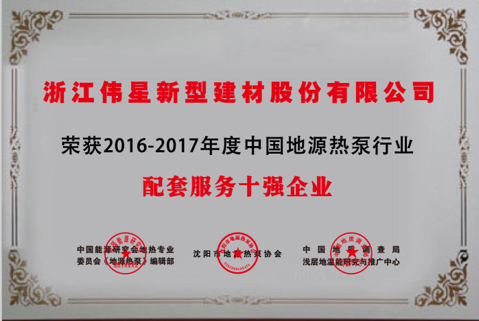 bat365官网登录入口新材荣获  “中国地源热泵行业配套产品与服务十强企业”